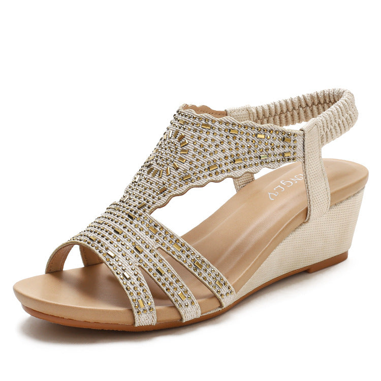 Bohemia Large Size Shoes Women's Shoes Summer Rhinestone Ladies' Shoes Wedge
